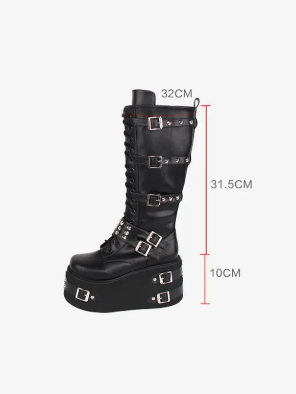 Gothic Lolita Boots Black Grommets Two-Tone Round Toe PU Leather Lolita Footwear
