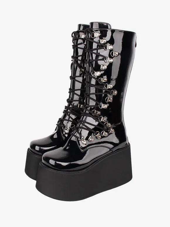 Gothic Lolita Boots Black Grommets Two-Tone Round Toe PU Leather Lolita Footwear