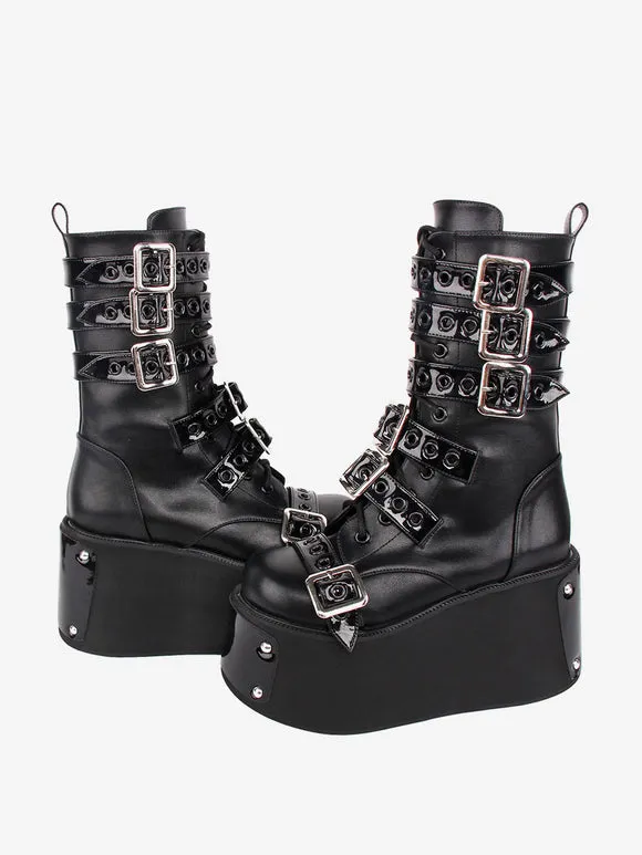 Gothic Lolita Boots Black Grommets Two-Tone Round Toe PU Leather Lolita Footwear