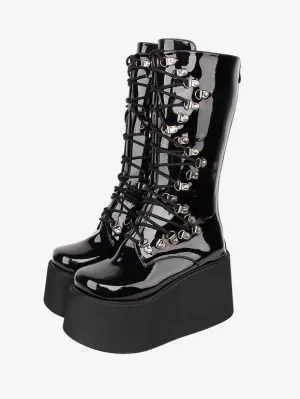 Gothic Lolita Boots Black Grommets Two-Tone Round Toe PU Leather Lolita Footwear