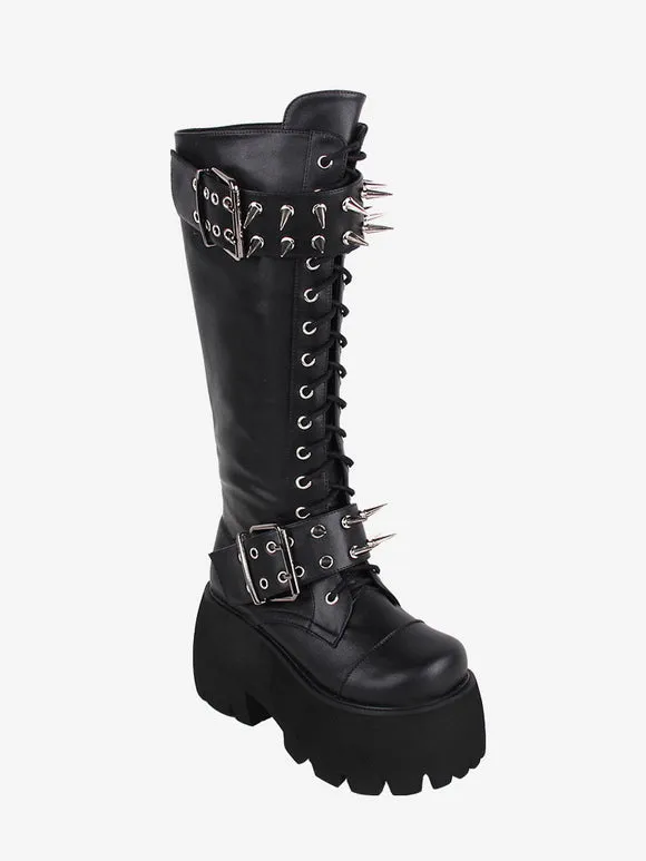 Gothic Lolita Boots Black Grommets Rivets Metallic Round Toe PU Leather Lolita Footwear