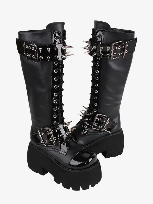 Gothic Lolita Boots Black Grommets Rivets Metallic Round Toe PU Leather Lolita Footwear