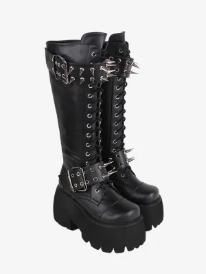 Gothic Lolita Boots Black Grommets Rivets Metallic Round Toe PU Leather Lolita Footwear