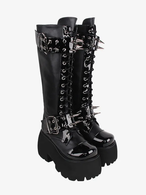 Gothic Lolita Boots Black Grommets Rivets Metallic Round Toe PU Leather Lolita Footwear