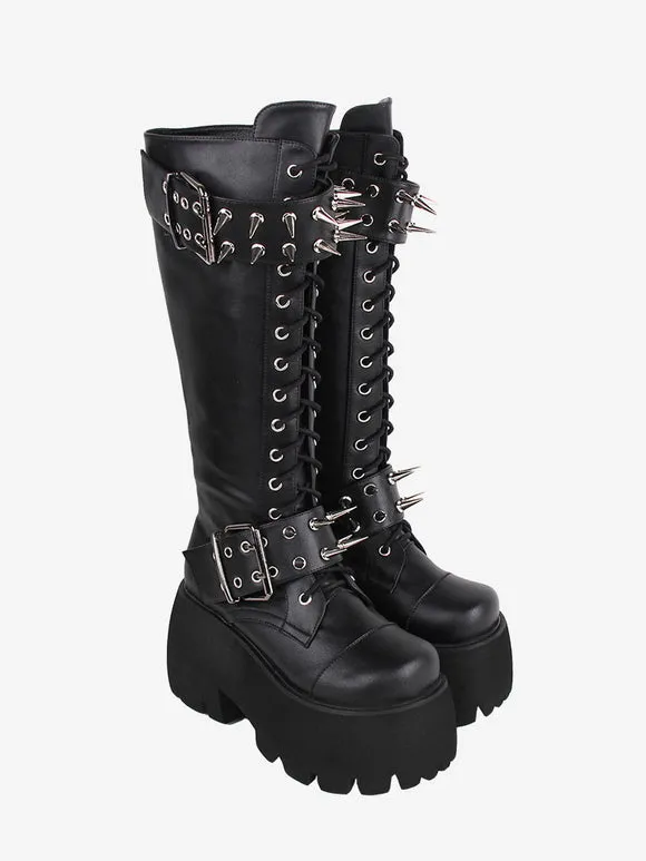 Gothic Lolita Boots Black Grommets Rivets Metallic Round Toe PU Leather Lolita Footwear