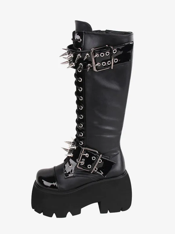 Gothic Lolita Boots Black Grommets Rivets Metallic Round Toe PU Leather Lolita Footwear