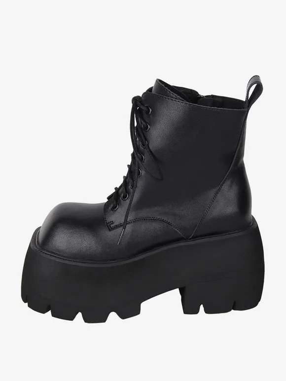 Gothic Lolita Boots Black Lace Up Square Toe PU Leather Lolita Footwear