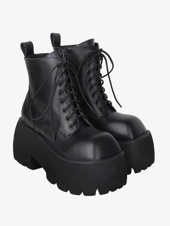 Gothic Lolita Boots Black Lace Up Square Toe PU Leather Lolita Footwear