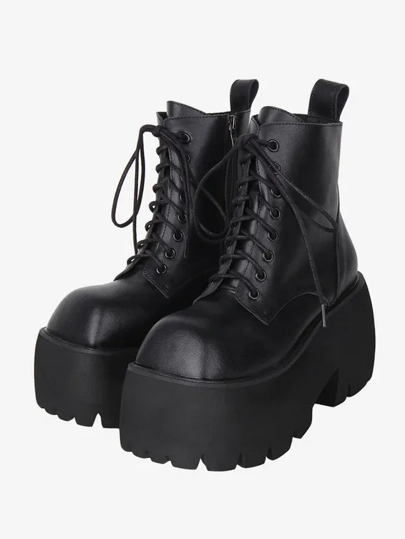 Gothic Lolita Boots Black Lace Up Square Toe PU Leather Lolita Footwear