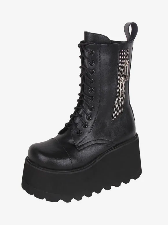 Gothic Lolita Boots Black PU Round Toe PU Leather Lolita Footwear