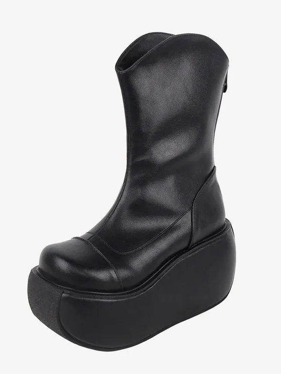 Gothic Lolita Boots Black PU Round Toe PU Leather Lolita Footwear