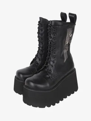 Gothic Lolita Boots Black PU Round Toe PU Leather Lolita Footwear