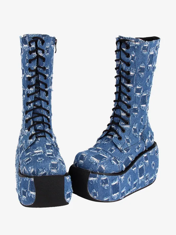 Gothic Lolita Boots Canvas Woven Grommets Round Toe As Image Lolita Footwear