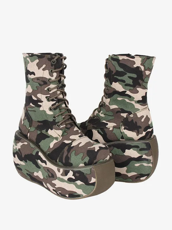 Gothic Lolita Boots Canvas Woven Grommets Round Toe As Image Lolita Footwear