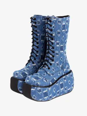 Gothic Lolita Boots Canvas Woven Grommets Round Toe As Image Lolita Footwear