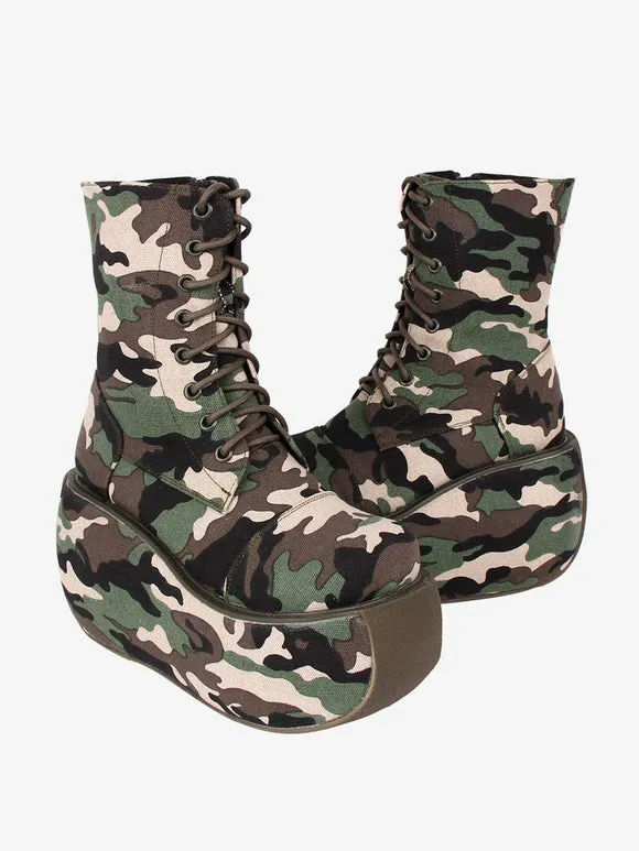 Gothic Lolita Boots Canvas Woven Grommets Round Toe As Image Lolita Footwear