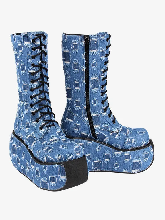 Gothic Lolita Boots Canvas Woven Grommets Round Toe As Image Lolita Footwear