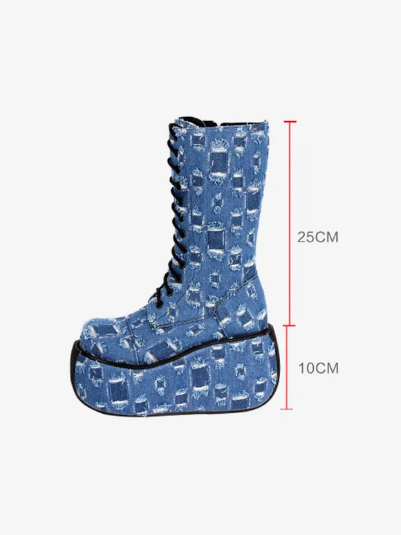 Gothic Lolita Boots Canvas Woven Grommets Round Toe As Image Lolita Footwear
