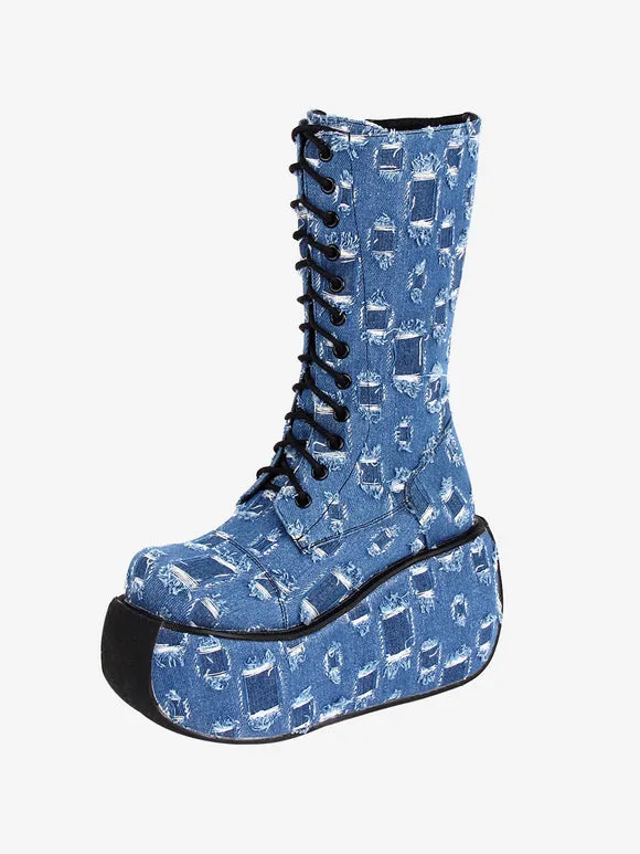 Gothic Lolita Boots Canvas Woven Grommets Round Toe As Image Lolita Footwear