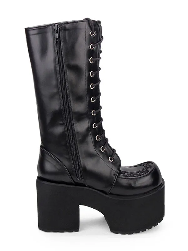 Gothic Lolita Boots Grommet Lace Up Zipper Platform High Heel Black Lolita Thigh High Boots