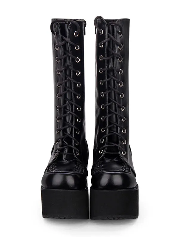 Gothic Lolita Boots Grommet Lace Up Zipper Platform High Heel Black Lolita Thigh High Boots