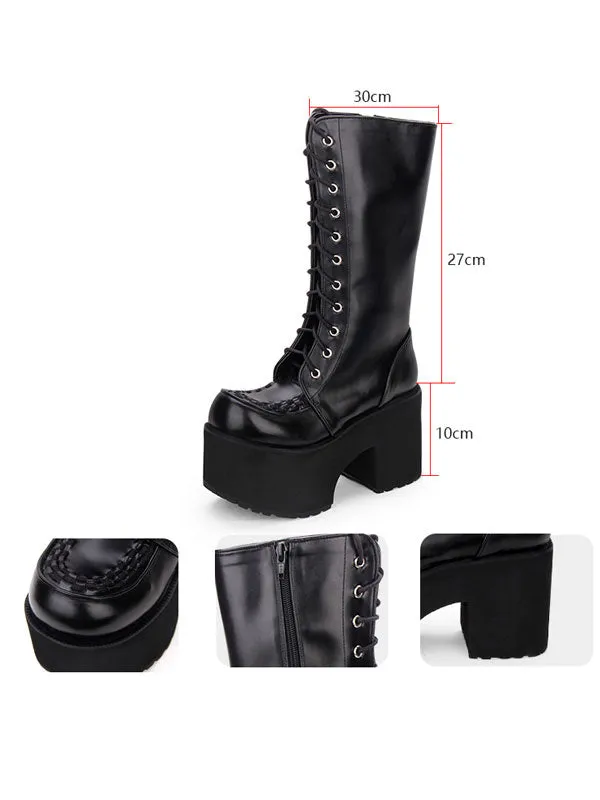 Gothic Lolita Boots Grommet Lace Up Zipper Platform High Heel Black Lolita Thigh High Boots