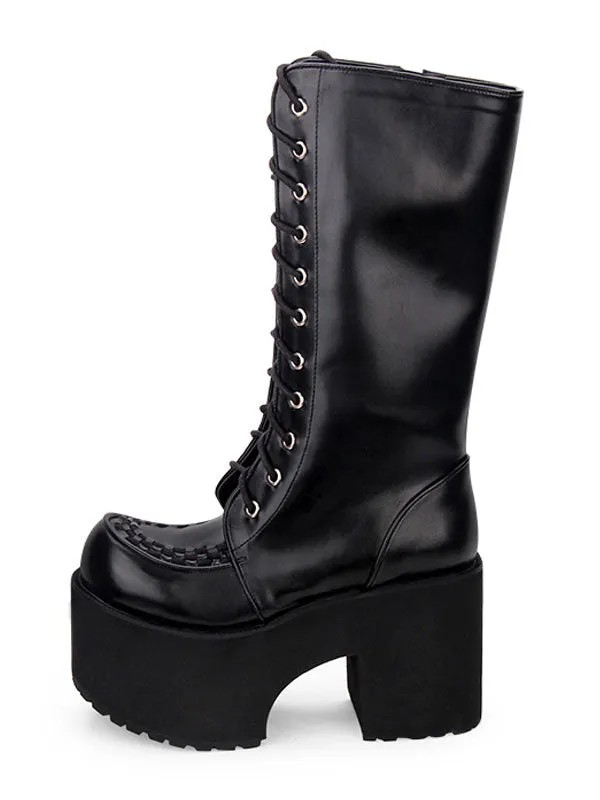 Gothic Lolita Boots Grommet Lace Up Zipper Platform High Heel Black Lolita Thigh High Boots