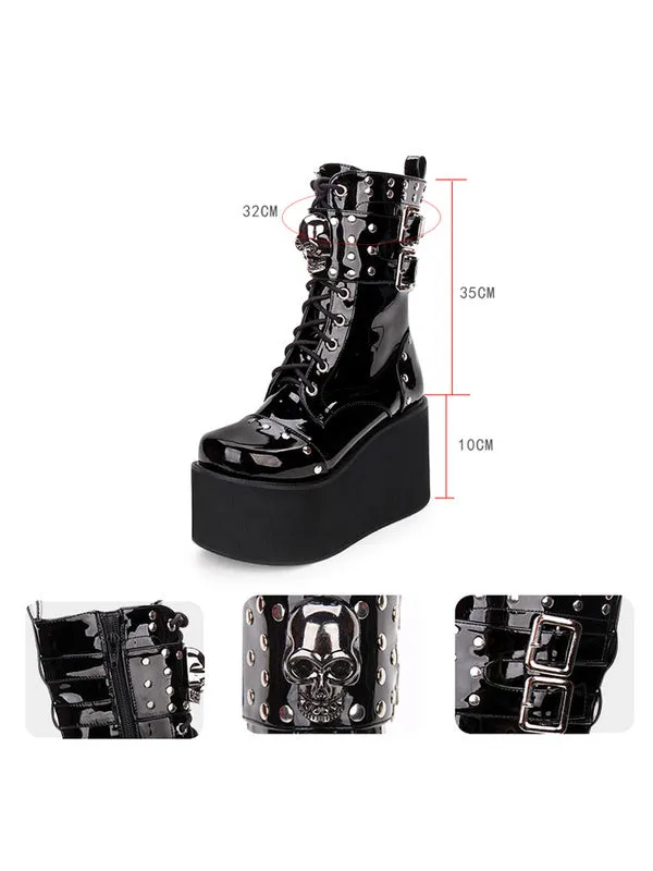 Gothic Lolita Boots Metallic Buckle Rivet Lace Up Zipper Platform Black Lolita Footwear