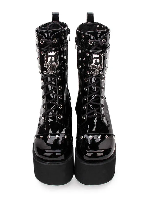 Gothic Lolita Boots Metallic Buckle Rivet Lace Up Zipper Platform Black Lolita Footwear