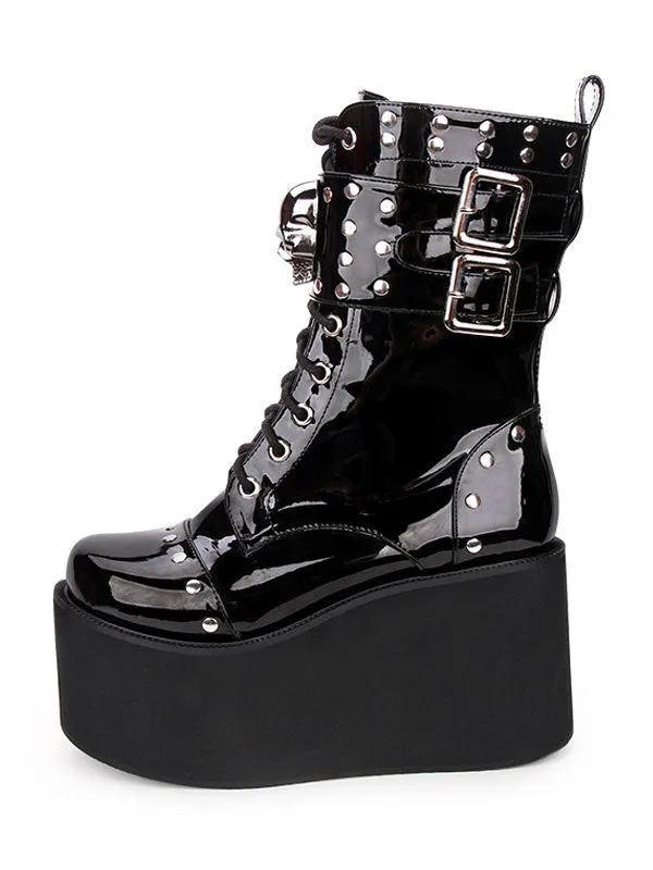 Gothic Lolita Boots Metallic Buckle Rivet Lace Up Zipper Platform Black Lolita Footwear