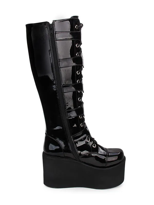 Gothic Lolita Boots Metallic Buckle Zipper Grommet Lace Up Platform Black Lolita Footwear