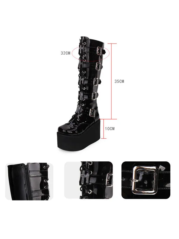 Gothic Lolita Boots Metallic Buckle Zipper Grommet Lace Up Platform Black Lolita Footwear