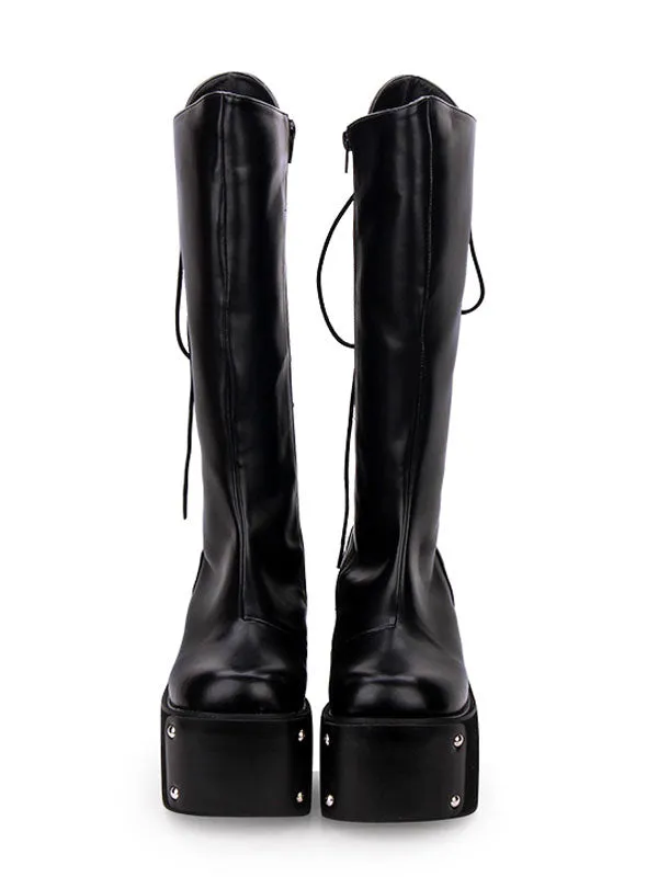 Gothic Lolita Boots Metallic Lace Up Zipper Platform Black Lolita Footwear