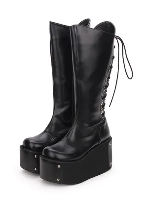 Gothic Lolita Boots Metallic Lace Up Zipper Platform Black Lolita Footwear