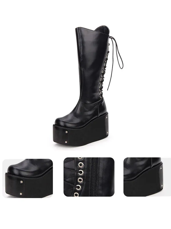 Gothic Lolita Boots Metallic Lace Up Zipper Platform Black Lolita Footwear