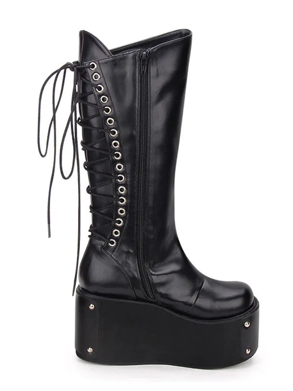 Gothic Lolita Boots Metallic Lace Up Zipper Platform Black Lolita Footwear
