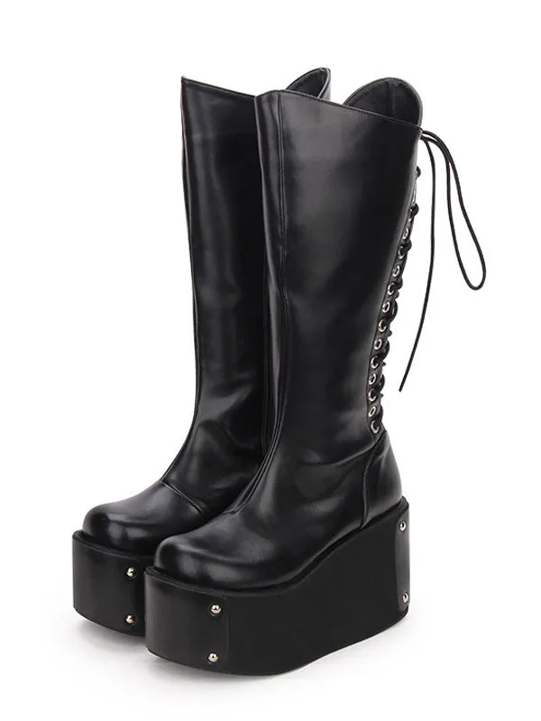 Gothic Lolita Boots Metallic Lace Up Zipper Platform Black Lolita Footwear