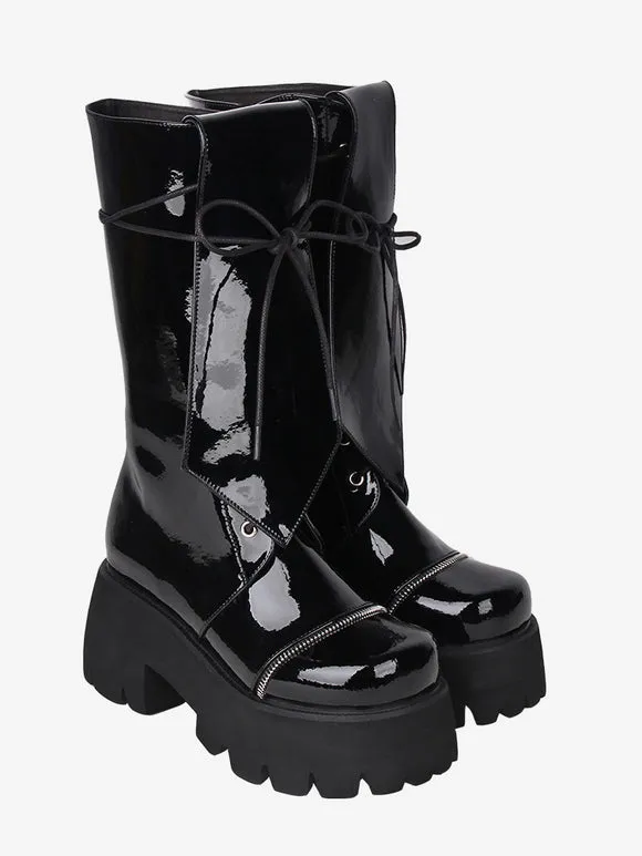 Gothic Lolita Boots PU Leather Glitter Lace Up Round Toe Black Lolita Footwear