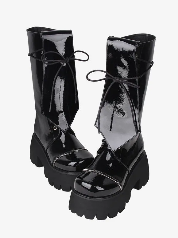 Gothic Lolita Boots PU Leather Glitter Lace Up Round Toe Black Lolita Footwear