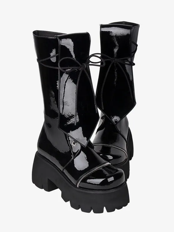 Gothic Lolita Boots PU Leather Glitter Lace Up Round Toe Black Lolita Footwear