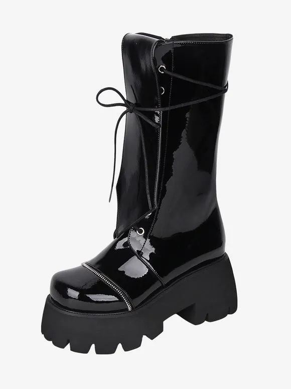Gothic Lolita Boots PU Leather Glitter Lace Up Round Toe Black Lolita Footwear