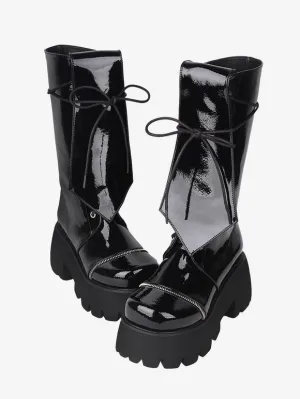 Gothic Lolita Boots PU Leather Glitter Lace Up Round Toe Black Lolita Footwear