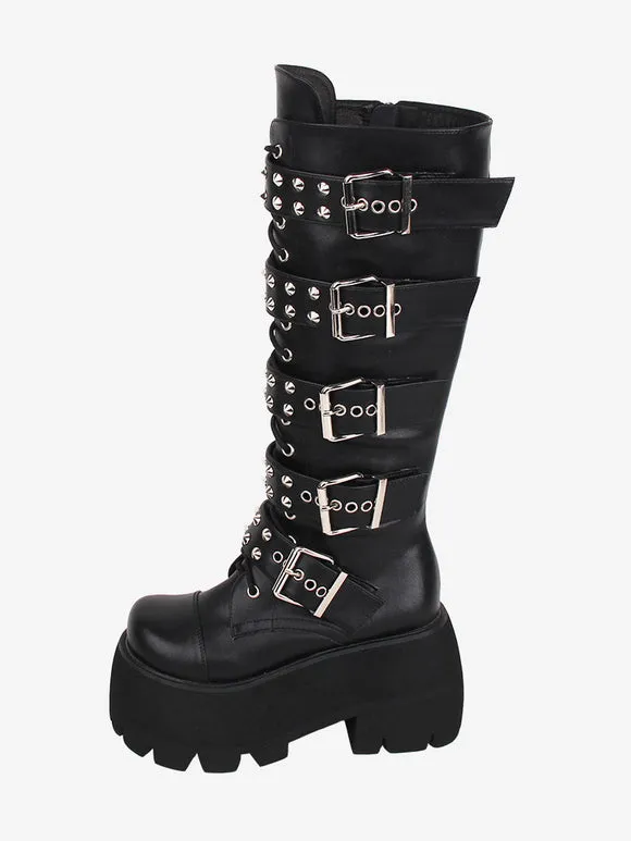 Gothic Lolita Boots PU Leather Glitter Metallic Rivets Grommets Round Toe Black Lolita Footwear