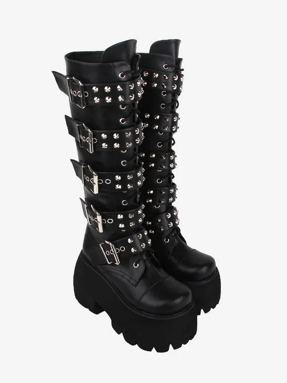Gothic Lolita Boots PU Leather Glitter Metallic Rivets Grommets Round Toe Black Lolita Footwear