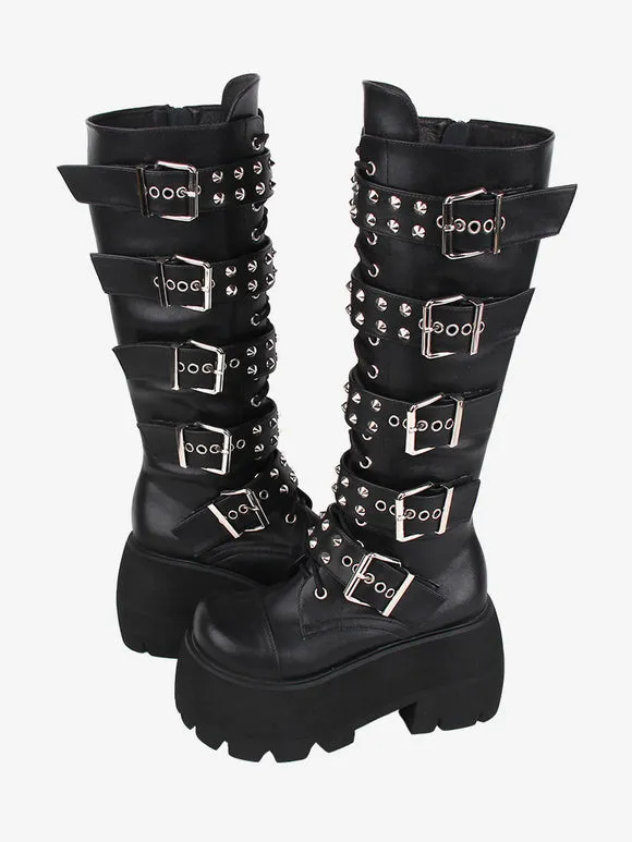 Gothic Lolita Boots PU Leather Glitter Metallic Rivets Grommets Round Toe Black Lolita Footwear