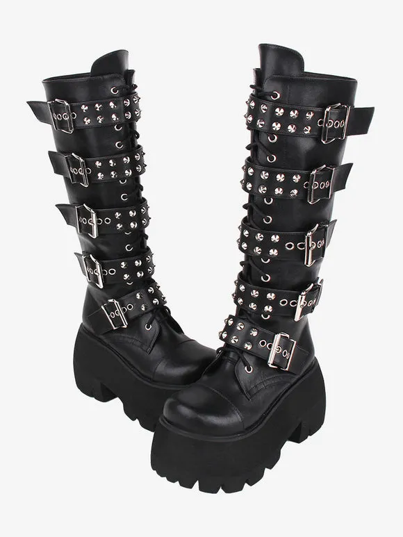 Gothic Lolita Boots PU Leather Glitter Metallic Rivets Grommets Round Toe Black Lolita Footwear