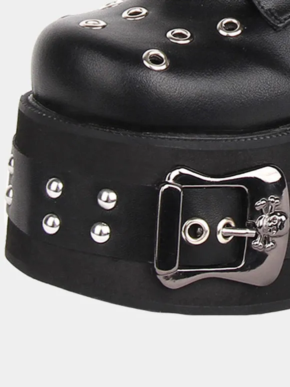 Gothic Lolita Boots PU Leather Grommets Round Toe Black Lolita Footwear