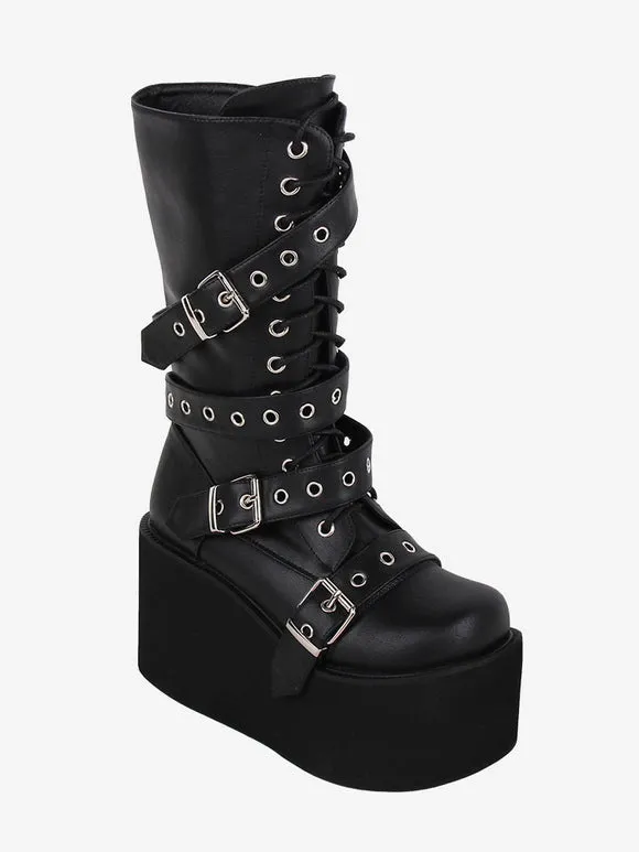 Gothic Lolita Boots PU Leather Metallic Grommets Round Toe Black Lolita Footwear