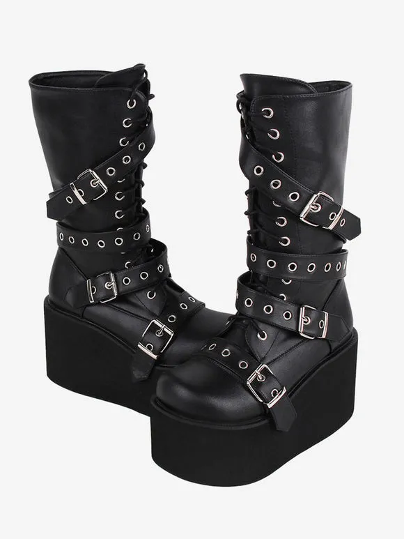 Gothic Lolita Boots PU Leather Metallic Grommets Round Toe Black Lolita Footwear