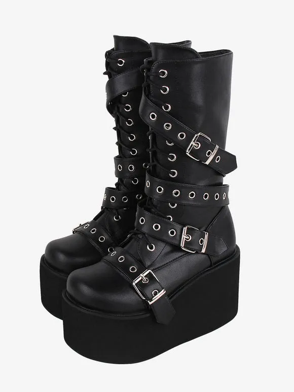 Gothic Lolita Boots PU Leather Metallic Grommets Round Toe Black Lolita Footwear